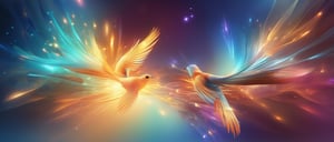 Ethereal abstract background with a mix of cool and warm colors. Wispy and dreamy design, evoking a sense of tranquility. Ideal for fantasy and surreal themes. a bird, Digital art.,  32K,  by AiLove, fit in canvas, bright, clear, sharp, ultra hd, Sparkling, denoise, cinematic lighting, Volumetric lighting, ray tracing,,