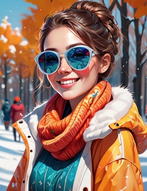 a cute young woman in winter dress and sunglass. Happy, intricate artwork and bright, festive colors 32K,  by AiLove, fit in canvas, bright, clear, sharp, ultra hd, Sparkling, denoise,