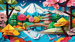 3d, detailed Design an colorful japane landscape that showcases the delicate art of Japanese origami, symbolizing precision and grace in this iconic heritage craft, glossy, 32K,  by AiLove, fit in canvas, bright, clear, sharp, ultra hd, Sparkling, denoise,