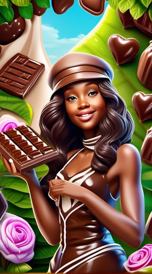 photorealistic, Design a delectable wonderland of chocolate where a cute, life-sized chocolate girl enjoys the surreal beauty of a garden made entirely of chocolate. Bring this enchanting world to life with rich textures and vibrant cocoa-inspired hues, highly glowing, , highly details. ultra hd, art by aiLove  glossy, high contrast, vibrant masterpiece, fit in canvas, artstation, 32K, bright, clear, highly sharp, ultra hd, Sparkling, denoise 