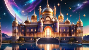 photorealistic, Design a celestial palace suspended amidst a sea of twinkling stars, with a cosmic panorama that evokes a sense of wonder and enchantment, showcasing the palace in dazzling, starry colors.  intricte detail,  highly details. ultra hd, art by aiLove  glossy, high contrast, vibrant masterpiece, fit in canvas, artstation, 32K, bright, clear, highly sharp, ultra hd, Sparkling, denoise 