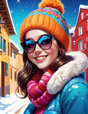 a cute young woman in winter dress and sunglass. Happy, intricate artwork and bright, festive colors 32K,  by AiLove, fit in canvas, bright, clear, sharp, ultra hd, Sparkling, denoise,