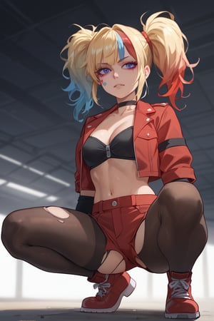 Squatting,grinning, (score_9, score_8_up, score_7_up),masterpiece, high-quality,perfect anatomy, expressive eyes,(perfect face),((in dark Warehouse)),isekaiharley, makeup, eyeshadow, twintails,open clothes, two-tone jacket, cropped jacket, black jacket, red jacket, bra, red gloves, fingerless gloves, red shorts, black shorts, torn pantyhose, black choker, spiked bracelet, midriff, from below 