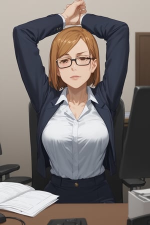 Sitting chair, half closed eyes, tears, ((stretch oneself)), ((hands up)),(score_9, score_8_up, score_7_up),masterpiece, high-quality,perfect anatomy, expressive eyes,(perfect face),((in office)), kugisaki nobara, brown hair, brown eyes,glasses, office suits,no tie,collarbone chest up shot,arms up, stretching