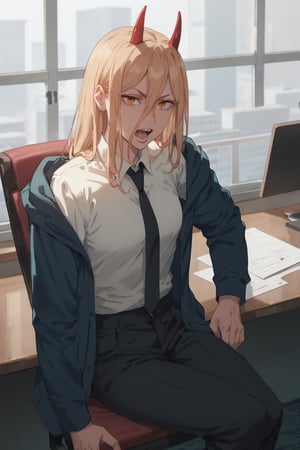 Sitting chair,boredom face,open mouth, (score_9, score_8_up, score_7_up), expressive eyes, perfect face,,((in dark office)),power_v1,red horns, long blonde hair, hair between eye, hoodie,pants suits,necktie, collared shirt, 