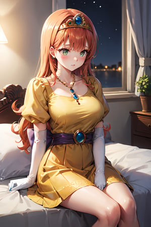 Sitting on bed, blush,cross arms on breast, ((highly detailed)),((perfect anatomy)),masterpiece,scenery,intricately detailed, hyperdetailed, blurry background, depth of field, best quality, intricate details,  tonemapping, sharp focus, hyper detailed, high 1res, ((at night)),((in dark bedroom)) ,dqLaura,orange hair, tiara, necklace, yellow dress,long skirt, elbow gloves,looking away 