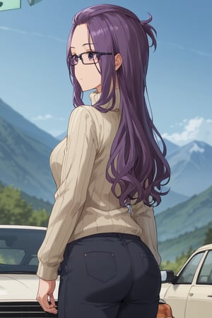 Standing by car, (score_9, score_8_up, score_7_up),masterpiece, high-quality,perfect anatomy, expressive eyes,(perfect face),((background is mountain)) ,sakura kagamihara, long hair, purple eyes, purple hair, glasses, black-framed eyewear, bangs pinned back,long sleeves, sweater, turtleneck, ribbed sweater, turtleneck sweater, pants, denims,from behind, back shot, solo