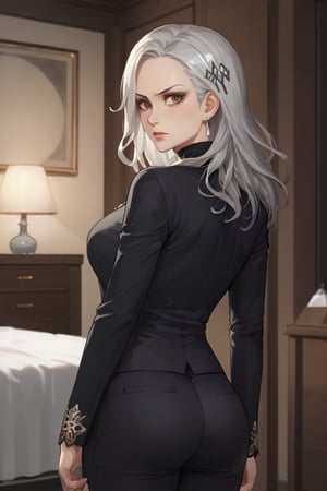 Standing, angry, (score_9, score_8_up, score_7_up),masterpiece, high-quality,perfect anatomy, expressive eyes,(perfect face),((in room)),saeniijima,makeup, milf,largebreast, lipstick,silver hair, hair ornament, brown eyes,suits style, black jacket, long sleeves, black sweater, turtleneck sweater, black pants, earrings, necklace,back shot, from behind,hip close-up 