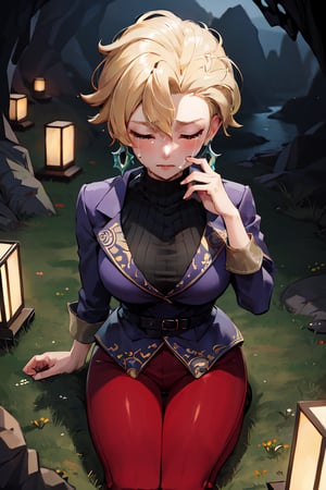 Woman Sitting on ground, seiza,crying, closed eyes,((highly detailed)),((perfect anatomy)),masterpiece,scenery,intricately detailed, hyperdetailed, blurry background, depth of field, best quality, intricate details,  tonemapping, sharp focus, hyper detailed, high 1res, ((at night)),((in dark cave)),pokemonbriar,blonde short hair, purple jacket, black sweater, turtleneck, red pants,from above 