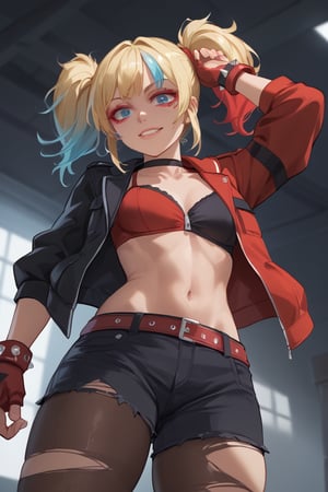 Standing,grinning, (score_9, score_8_up, score_7_up),masterpiece, high-quality,perfect anatomy, expressive eyes,(perfect face),((in dark Warehouse)),isekaiharley, makeup, eyeshadow, twintails,open clothes, two-tone jacket, cropped jacket, black jacket, red jacket, bra, red gloves, fingerless gloves, red shorts, black shorts, torn pantyhose, black choker, spiked bracelet, midriff, from below 