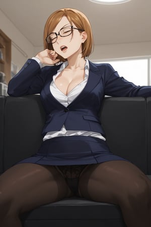 Sitting sofa, blush, sleep with drunk,closed eyes, half open mouth,open  legs, (score_9, score_8_up, score_7_up),masterpiece, high-quality,perfect anatomy, expressive eyes,(perfect face),((in moody hotel room)), kugisaki nobara, brown hair, brown eyes,glasses, office suits,jacket,white collerdshirts,notie,collarbone,cleavage,mini skirt, black pantyhose, panties, from below 