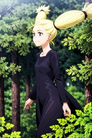 1girl,From side, Walking,smile, ((best quality)),((highly detailed)), perfect anatomy, masterpiece,scenery,intricately detailed, hyperdetailed, blurry background, depth of field, best quality, masterpiece, intricate details, tonemapping, sharp focus, hyper detailed, high 1res,MomoNishimiya,blonde twin tail hair,small breast,collarbone,black witch dress, long sleeve,in dark forest, at night