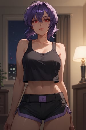 Standing woman,soaked hair,(score_9, score_8_up, score_7_up),masterpiece, high-quality,perfect anatomy, expressive eyes, perfect face,((background is room at night)) ,motokosac, red eyesc, purple hair, black Tanktop, bellybutton, black shorts,