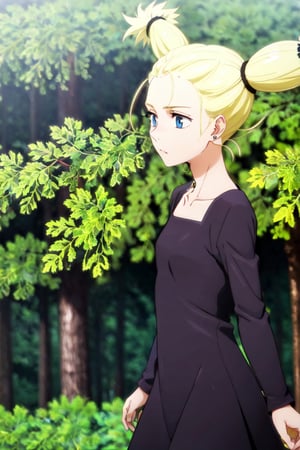 1girl,From side, Walking, ((best quality)),((highly detailed)), perfect anatomy, masterpiece,scenery,intricately detailed, hyperdetailed, blurry background, depth of field, best quality, masterpiece, intricate details, tonemapping, sharp focus, hyper detailed, high 1res,MomoNishimiya,blonde twin tail hair,small breast,collarbone,black witch dress, long sleeve,in dark forest, at night