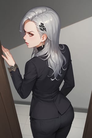 Standing by behind wall, angry, (score_9, score_8_up, score_7_up),masterpiece, high-quality,perfect anatomy, expressive eyes,(perfect face),((in room)),saeniijima,makeup, milf,largebreast, lipstick,silver hair, hair ornament, brown eyes,suits style, black jacket, long sleeves, black sweater, turtleneck sweater, black pants, earrings, necklace,back shot, from behind,from above 