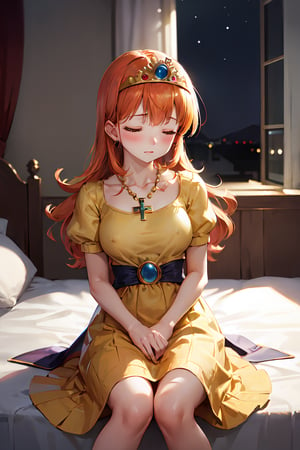 Sitting on bed, blush,cross arms on breast,closed eyes, ((highly detailed)),((perfect anatomy)),masterpiece,scenery,intricately detailed, hyperdetailed, blurry background, depth of field, best quality, intricate details,  tonemapping, sharp focus, hyper detailed, high 1res, ((at night)),((in dark bedroom)) ,dqLaura,orange hair, tiara,necklace, yellow dress, nipples,long skirt, looking away ,from away 