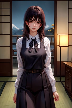 Standing, Bad mood face,((highly detailed)),((perfect anatomy)),masterpiece,scenery,intricately detailed, hyperdetailed, blurry background, depth of field, best quality, intricate details,  tonemapping, sharp focus, hyper detailed, high 1res, ((at night)),((in dark japanese room)),asa_mitaka,aged_up,black hair, black ribbon, pinafore dress, black pinafore dress, brown eyes,