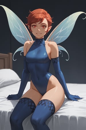 Solo,Smile,(score_9, score_8_up, score_7_up),masterpiece, high-quality,perfect anatomy, expressive eyes,(perfect face),darkness,((in dark bedroom)),pixieSMT, short hair, pointy ears, blue leotard, blue elbow gloves, fairy wings