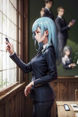 talk by mobile phone,wearing black suits, pants,((best quality)),  ((highly detailed)), perfect anatomy, masterpiece,scenery,intricately detailed, hyperdetailed, blurry background, depth of field, best quality, masterpiece, intricate details, tonemapping, sharp focus, hyper detailed, high 1res,in old class room ,from side