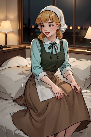 ((Woman is lying bed on back)), ((highly detailed)),((perfect anatomy)),masterpiece,scenery,intricately detailed, hyperdetailed, blurry background, depth of field, best quality, intricate details,  tonemapping, sharp focus, hyper detailed, high 1res, ((at night)),((in Bedroom),power_csm,Soridef,CinderellaWaifu,brown long skirt, head scarf, apron, smile 