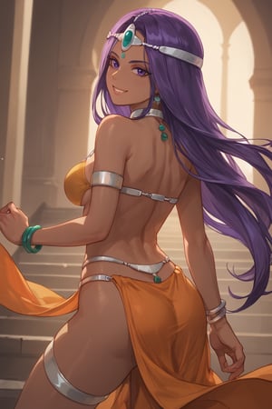 Pov dancing,smile, back shot, (score_9, score_8_up, score_7_up),masterpiece, high-quality,perfect anatomy, expressive eyes,(perfect face),darkness,((on old stage)), dqManya, purple hair, circlet, earrings, choker, bracelet, armlet, bikini, loincloth,dark skin ,from behind 