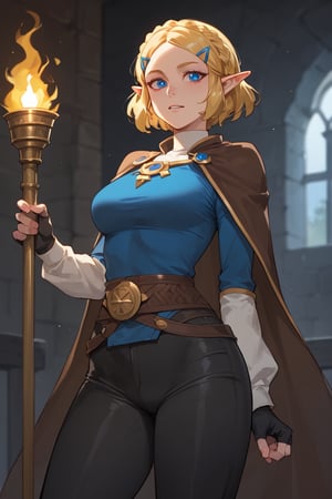 Mab grabs woman hip, Standing,grab torch (score_9, score_8_up, score_7_up),masterpiece, high-quality,perfect anatomy, expressive eyes, perfect face,((background is dark dungeon)) ,zelda\(princess\),Blonde hair, short hair, crown braid, hairclip, pointy ears, brown cape, blue shirt, puffy sleeves, long sleeves, fingerless gloves, black gloves, black pants, tight pants,hip shot ,from behind 