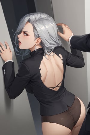 ((Torn clothes)),Standing by behind wall, angry,open  mouth,hands up,((man grab woman body)), (score_9, score_8_up, score_7_up),masterpiece, high-quality,perfect anatomy, expressive eyes,(perfect face),((in room)),saeniijima,makeup, milf,largebreast, lipstick,silver hair, hair ornament, brown eyes,suits style, black jacket, long sleeves, black sweater, turtleneck sweater, earrings, necklace, bra panties,naked hip,back shot, from behind,from above 