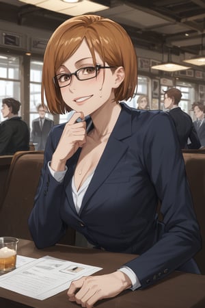 Sitting, drinking, blush, happy face, (score_9, score_8_up, score_7_up),masterpiece, high-quality,perfect anatomy, expressive eyes,(perfect face),((in bar)), kugisaki nobara, brown hair, brown eyes,glasses, office suits,jacket,notie,collarbone, chea , chest up,cleavage,sweat 