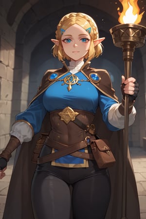 Standing,grab torch (score_9, score_8_up, score_7_up),masterpiece, high-quality,perfect anatomy, expressive eyes, perfect face,((background is dark dungeon)) ,zelda\(princess\),Blonde hair, short hair, crown braid, hairclip, pointy ears, brown cape, blue shirt, puffy sleeves, long sleeves, fingerless gloves, black gloves, black pants, tight pants