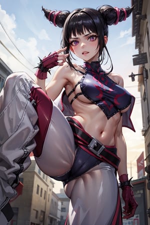 From below, Girl standing, onejuri, purple eyes, evil grrin, baggy pants, white pants, black panties, panties over clothes,((best quality)),  ((highly detailed)), perfect anatomy, masterpiece,scenery,intricately detailed, hyperdetailed, blurry background, depth of field, best quality, masterpiece, intricate details, tonemapping, sharp focus, hyper detailed, high 1res, in street,standing,leg up
