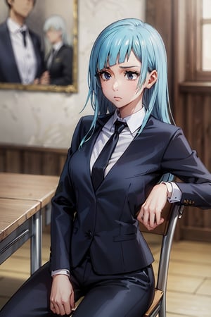 Sit on chair, she so tired,wearing black suits black necktie, pants,((best quality)),  ((highly detailed)), perfect anatomy, masterpiece,scenery,intricately detailed, hyperdetailed, blurry background, depth of field, best quality, masterpiece, intricate details, tonemapping, sharp focus, hyper detailed, high 1res,in old class room