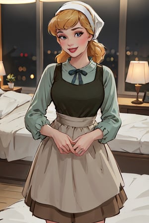 Standing, ((highly detailed)),((perfect anatomy)),masterpiece,scenery,intricately detailed, hyperdetailed, blurry background, depth of field, best quality, intricate details,  tonemapping, sharp focus, hyper detailed, high 1res, ((at night)),((in Bedroom),power_csm,Soridef,CinderellaWaifu,brown long skirt, head scarf, apron, waves, smile 