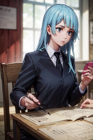 talk by mobile phone,wearing black suits, pants,((best quality)),  ((highly detailed)), perfect anatomy, masterpiece,scenery,intricately detailed, hyperdetailed, blurry background, depth of field, best quality, masterpiece, intricate details, tonemapping, sharp focus, hyper detailed, high 1res,in old class room