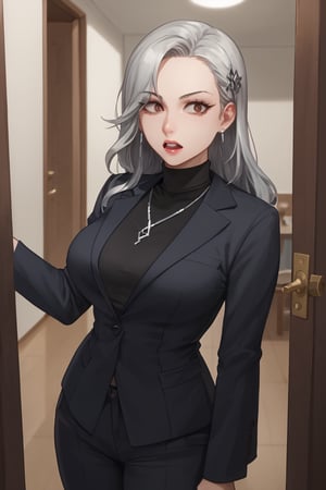 Standing,open door,surprised eyes, open mouth, (score_9, score_8_up, score_7_up),masterpiece, high-quality,perfect anatomy, expressive eyes,(perfect face),((in room)),saeniijima,makeup, milf,largebreast, lipstick,silver hair, hair ornament, brown eyes,suits style, black jacket, long sleeves, black sweater, turtleneck sweater, black pants, earrings, necklace