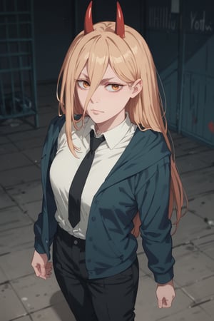 Troubled eyebrows,from above, (score_9, score_8_up, score_7_up), expressive eyes, perfect face,,((in dark Warehouse)),power_v1,red horns, long blonde hair, hair between eye, hoodie,pants suits,necktie, collared shirt, solo_female, 