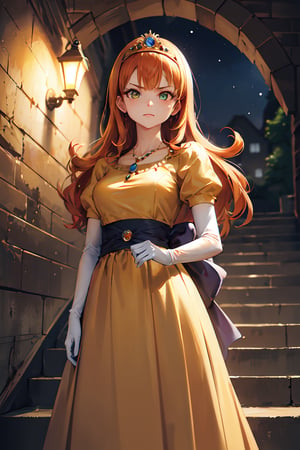 Standing stairs, angry, ((highly detailed)),((perfect anatomy)),masterpiece,scenery,intricately detailed, hyperdetailed, blurry background, depth of field, best quality, intricate details,  tonemapping, sharp focus, hyper detailed, high 1res, ((at night)),((in dark cave stairs)) ,dqLaura,orange hair, tiara, necklace, yellow dress,long skirt, elbow gloves,from below,point finger to viewer 