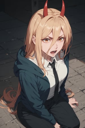 Sitting ground, Troubled eyebrows,open mouth,from above, (score_9, score_8_up, score_7_up), expressive eyes, perfect face,,((in dark Warehouse)),power_v1,red horns, long blonde hair, hair between eye, hoodie,pants suits,necktie, collared shirt, solo_female, 