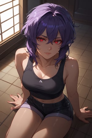 Woman,Sitting floor,agura,soaked hair,(score_9, score_8_up, score_7_up),masterpiece, high-quality,perfect anatomy, expressive eyes, perfect face,((background is room at night)) ,motokosac, red eyesc, purple hair, black Tanktop, bellybutton, black shorts,from above 