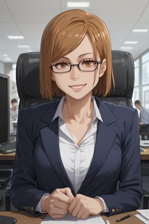 Sitting chair,smile,  talking, (score_9, score_8_up, score_7_up),masterpiece, high-quality,perfect anatomy, expressive eyes,(perfect face),((in office)), kugisaki nobara, brown hair, brown eyes,glasses, office suits,no tie,collarbone chest up shot,