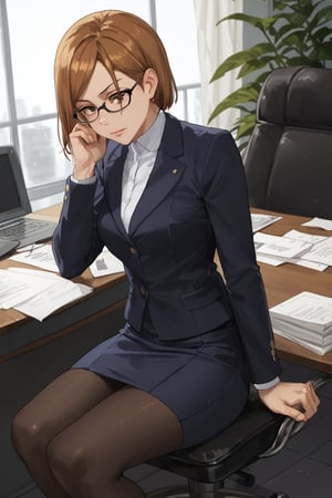 Sitting chair, desk working, (score_9, score_8_up, score_7_up),masterpiece, high-quality,perfect anatomy, expressive eyes,(perfect face),((in office)), kugisaki nobara, brown hair, brown eyes,glasses, office suits, tight skirt, black pantyhose 