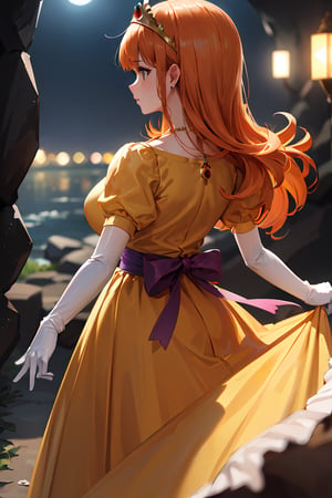 Walking, ((highly detailed)),((perfect anatomy)),masterpiece,scenery,intricately detailed, hyperdetailed, blurry background, depth of field, best quality, intricate details,  tonemapping, sharp focus, hyper detailed, high 1res, ((at night)),((in dark cave)) ,dqLaura,orange hair, tiara, necklace, yellow dress,long skirt, elbow gloves,from behind 