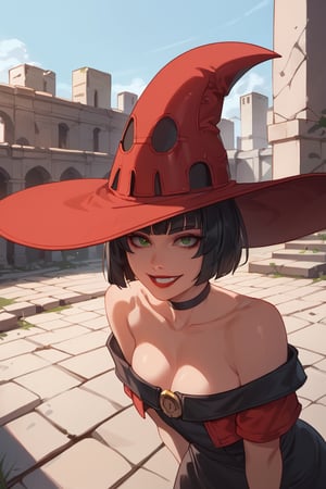 Evil Smile,(score_9, score_8_up, score_7_up),perfect anatomy, expressive eyes, perfect face,((background is city ruins)) ,XRDINO, BLACK HAIR, LIPSTICK,RED HAT, CHOKER, ((face forcus)),from above, ((face close-up shot)),