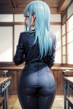  Girl wearing suits, pants,((best quality)),  ((highly detailed)), perfect anatomy, masterpiece,scenery,intricately detailed, hyperdetailed, blurry background, depth of field, best quality, masterpiece, intricate details, tonemapping, sharp focus, hyper detailed, high 1res,in old class room ,from behind