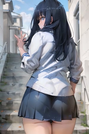 female high-school student, (high-school uniform),long-sleeve,  (((Navy blue Long skirt))), ((middle black hair)), fancy heavy eye , large Thigh, school stair ,high-quality, masterpiece, ultra-detailed from behind, big hip,panties,ultra-detailed fingers 