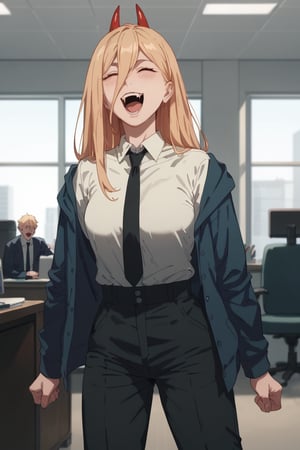 Standing, grab waist, laughing, fang,boredom face,open mouth, (score_9, score_8_up, score_7_up), expressive eyes, perfect face,,((in dark office)),power_v1,red horns, long blonde hair, hair between eye, hoodie,pants suits,necktie, collared shirt, solo_female, 