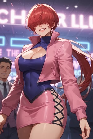 Standing,dancing, smile,(score_9, score_8_up, score_7_up),perfect anatomy, expressive eyes, perfect face,neon lights,((background is night club)) ,SHERMIECLAS,red hair,(( hair over eyes)), split ponytail, clothing cutout, skirt,pink jacket,pink skirt, leotard, long sleeves,large breasts,SHERMIEXV