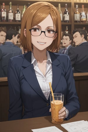 Sitting, drinking, blush, smile, (score_9, score_8_up, score_7_up),masterpiece, high-quality,perfect anatomy, expressive eyes,(perfect face),((in bar)), kugisaki nobara, brown hair, brown eyes,glasses, office suits,jacket,white collerdshirts,notie,collarbone, chea , chest up