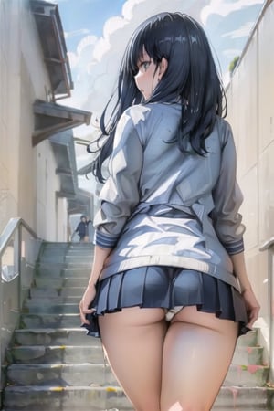 female high-school student, (high-school uniform),long-sleeve,  (((Navy blue Long skirt))), ((middle black hair)), fancy heavy eye , large Thigh, up school stair,high-quality, masterpiece, ultra-detailed from behind, big hip,panties,ultra-detailed fingers 