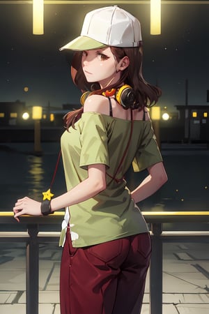 Standing,((highly detailed)),((perfect anatomy)),masterpiece,scenery,intricately detailed, hyperdetailed, blurry background, depth of field, best quality, intricate details,  tonemapping, sharp focus, hyper detailed, high 1res, ((at night)),((in dark japanese room)),gaenizuko, large breasts, hat, long brown hair, brown eyes, headphones, headphones around neck, baseball cap, off-shoulder green shirt, red pants, necklace, jewelry, bare shoulders, wristband, star (symbol), from behind 