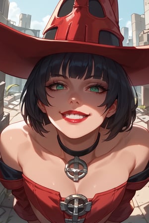 Evil Smile,(score_9, score_8_up, score_7_up),perfect anatomy, expressive eyes, perfect face,((background is city ruins)) ,XRDINO, BLACK HAIR, LIPSTICK,RED HAT, CHOKER, ((face forcus)),from above, ((face close-up shot)),